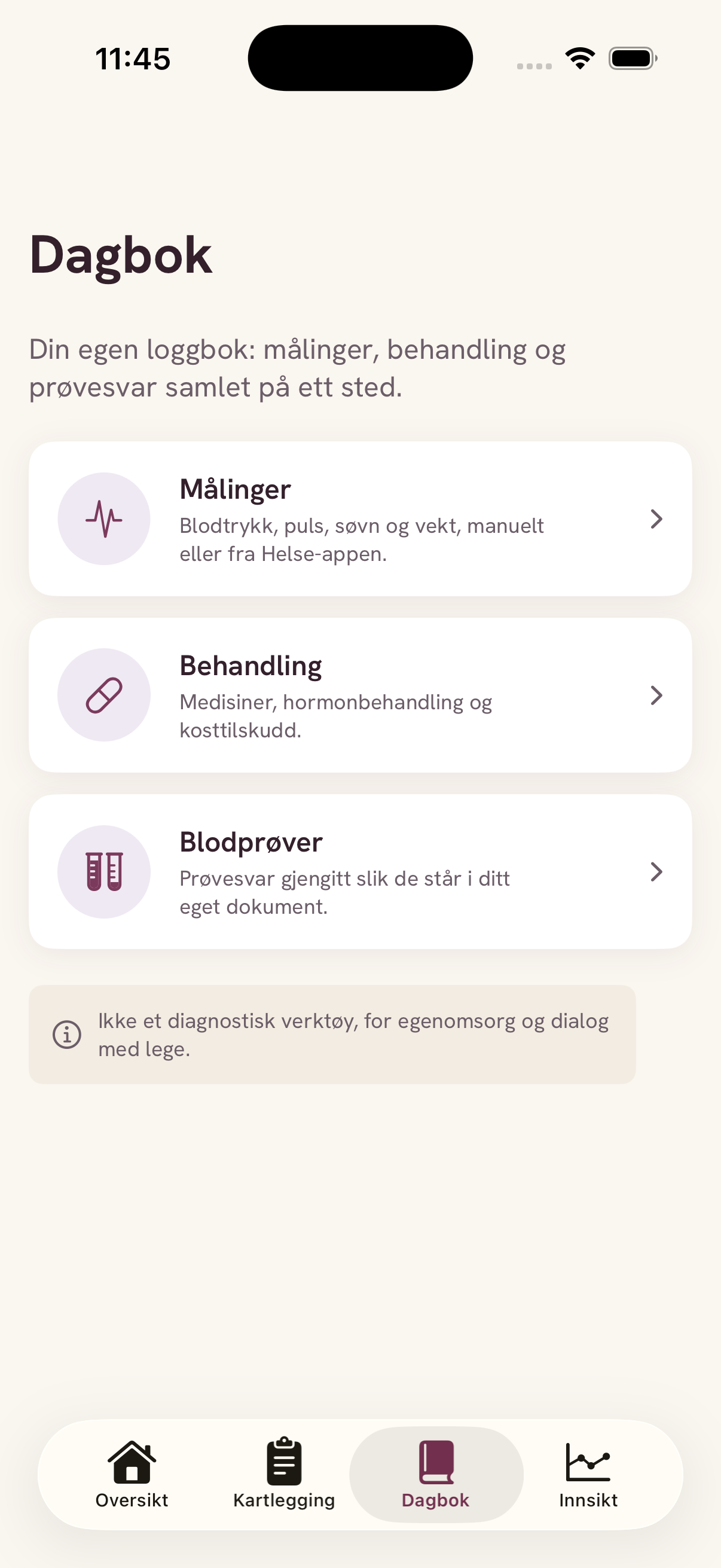 Registrer i Greppi-appen, vist med eksempeldata