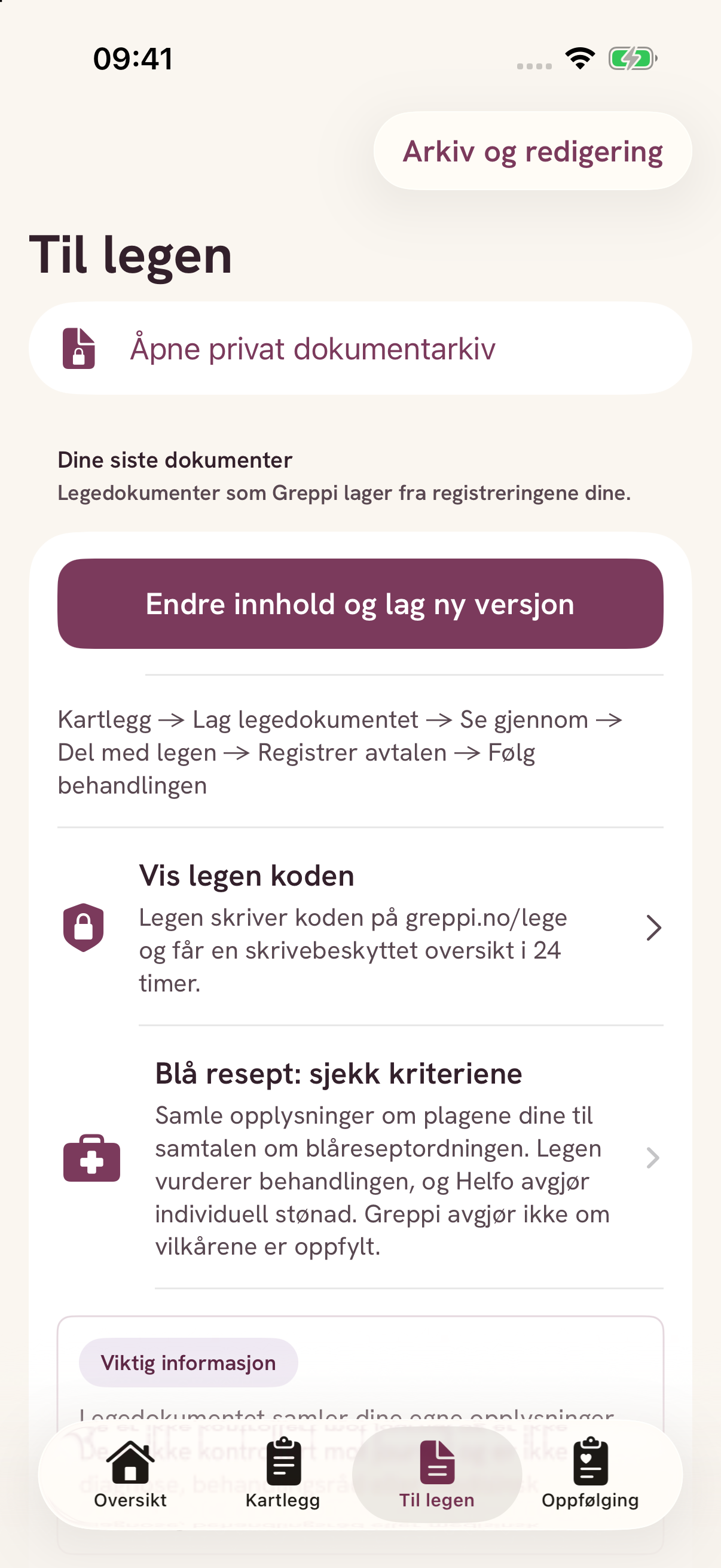Til legen i Greppi-appen, vist med eksempeldata