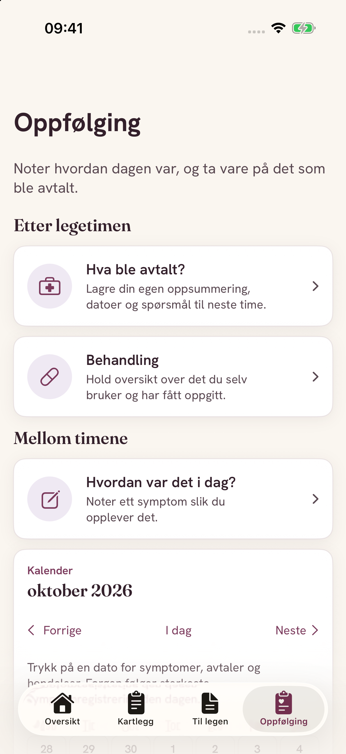 Oppfølging i Greppi-appen, vist med eksempeldata