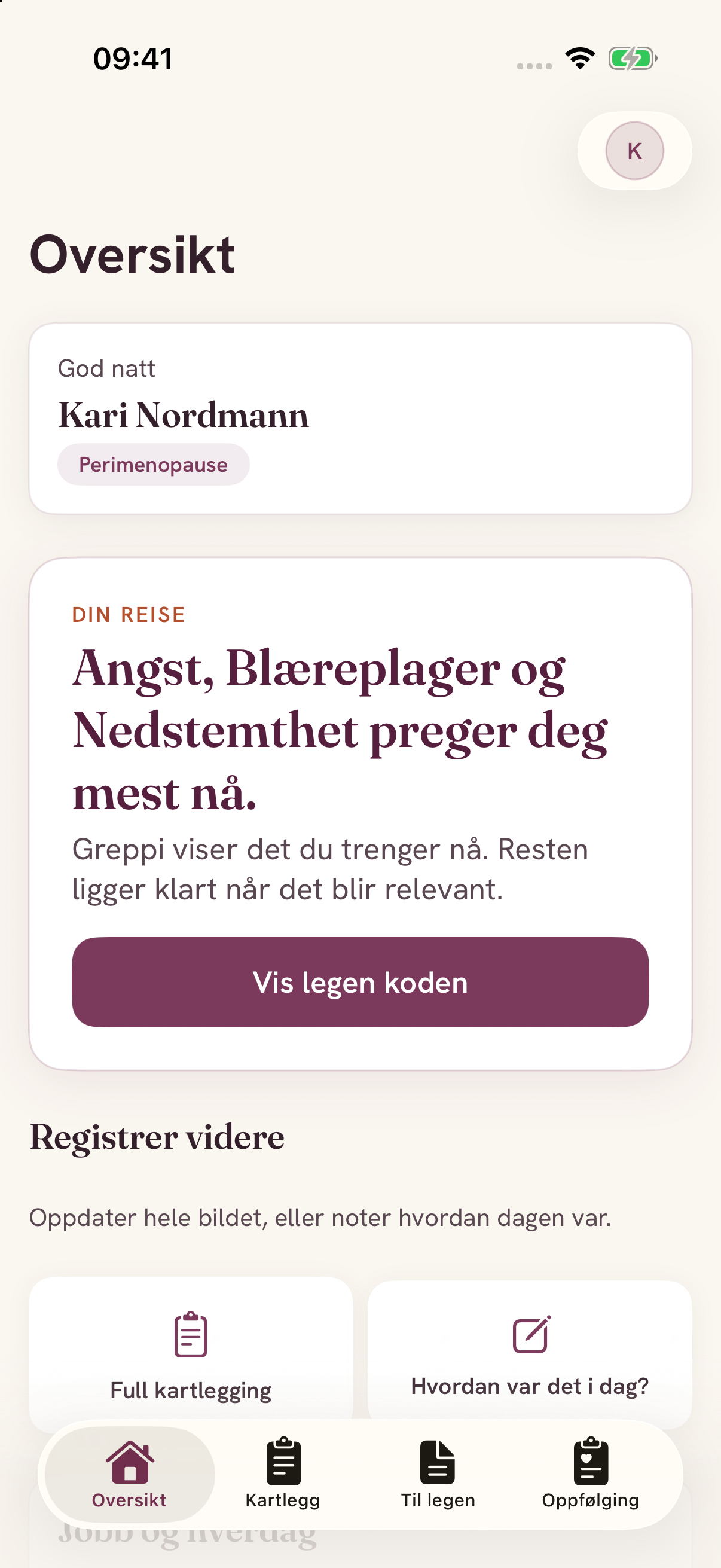 Oversikt i Greppi-appen, vist med eksempeldata