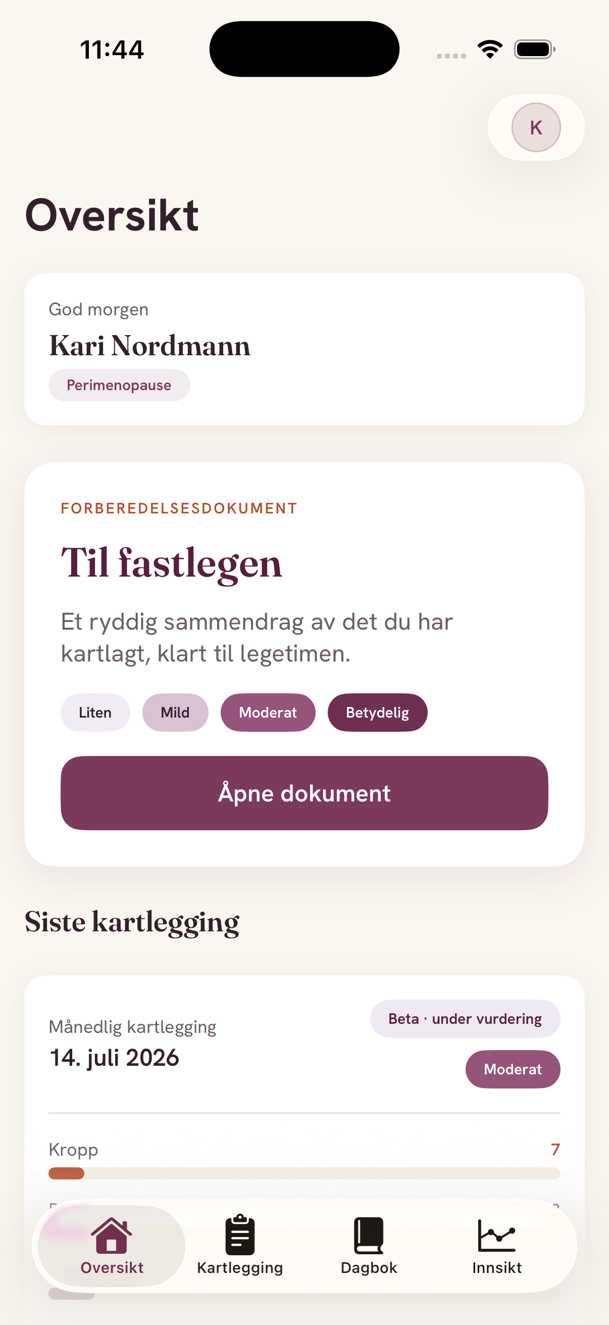 Greppi-appen på iPhone med oversikt og forberedelse til legetimen, vist med eksempeldata